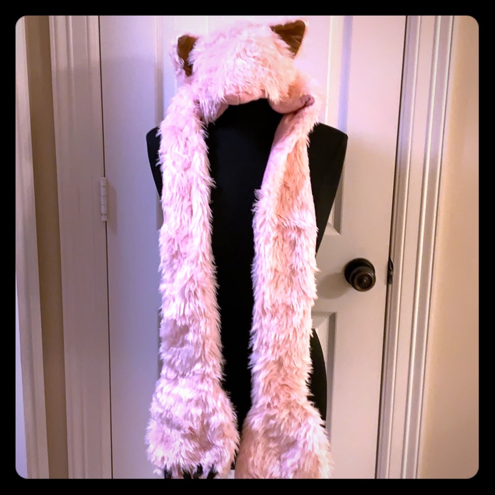 Vintage PINK Kitty Cat Fuzzy Cosplay Cozy Winter HatScarf Combo Ears Claws Adult